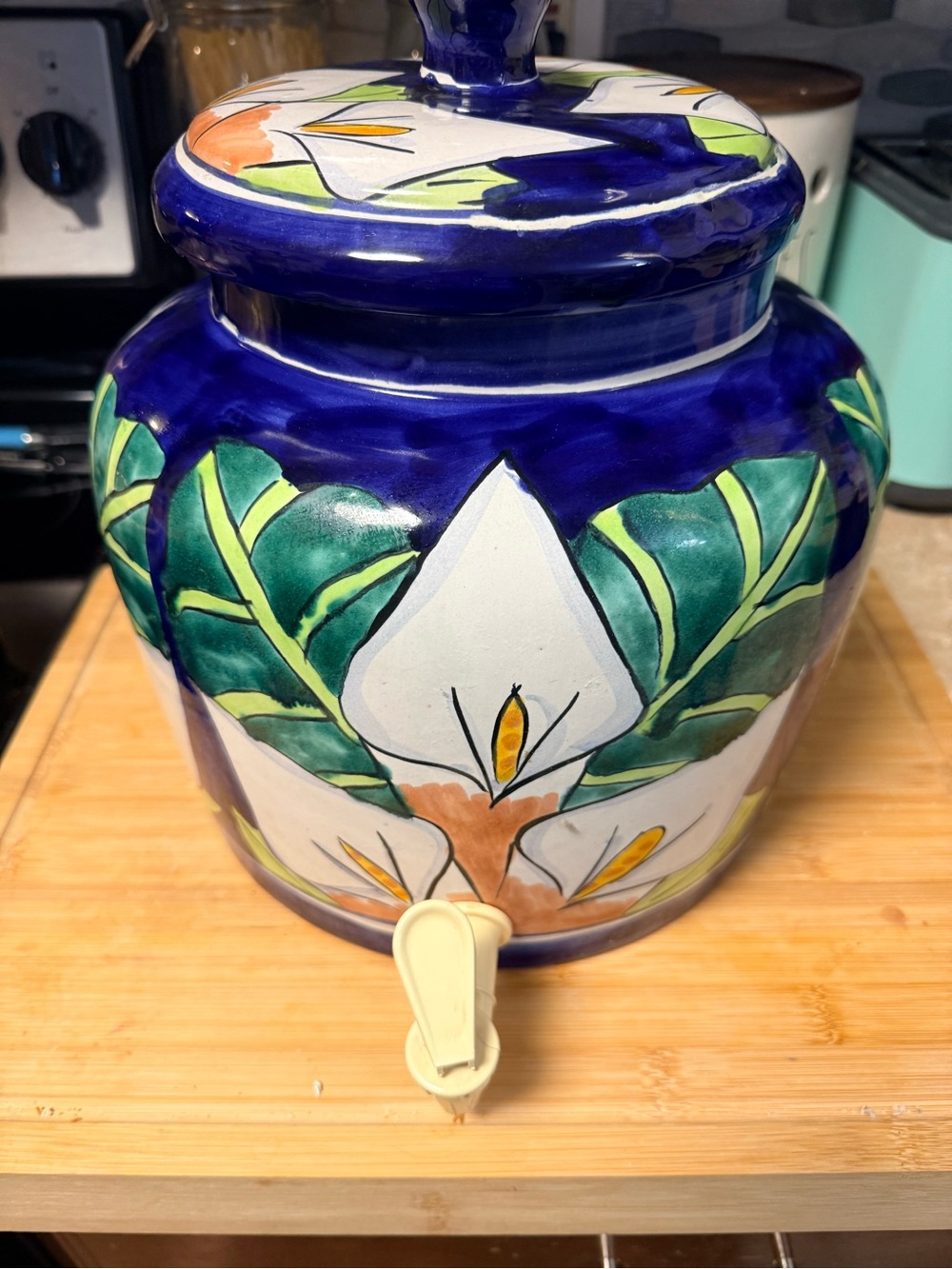 Hand-Painted Ceramic Water Dispenser in Blue and Green